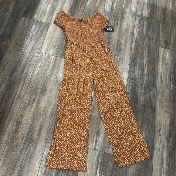 Art Class Brown Floral Smocked Jumpsuit Girls L 10/12 NWT - Picture 1 of 7